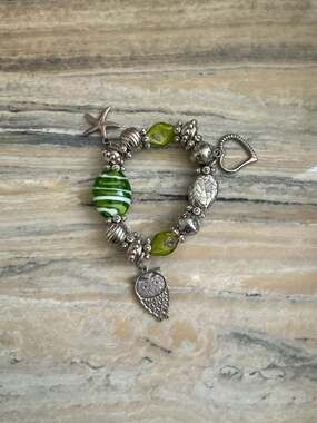 Green Glass Bead Charm Bracelet with Owl Starfish and Heart Charms